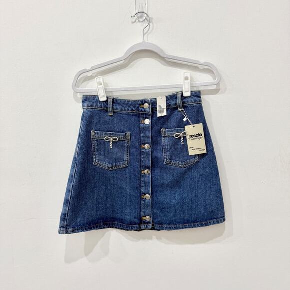Maeve High Waisted Button-Front Denim Bow A-Line Mini Skirt Blue Women's Size 6 - Picture 4 of 8